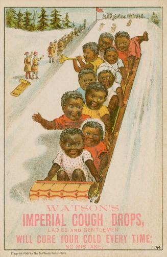 Colour trade card advertisement depicting an illustration of black children toboganning. The ca ...