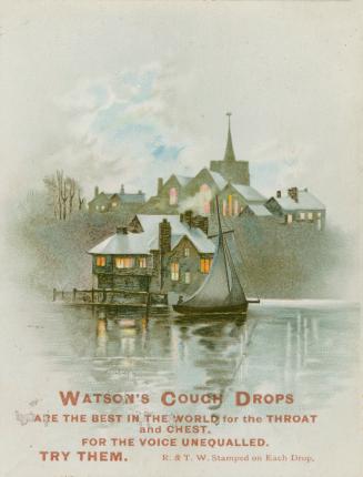 Colour trade card advertisement depicting an illustration of a large house on the shoreline wit ...