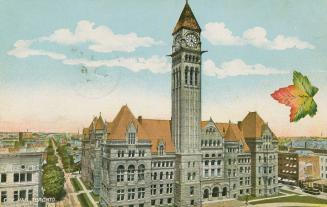 A colorized photograph of a Richardsonian Romanesque building with a clock tower.