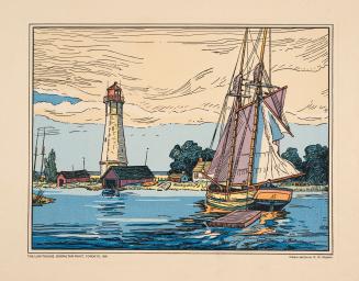 An illustration of a large sailboat on a lake or large pond moving towards a beach area with gr ...
