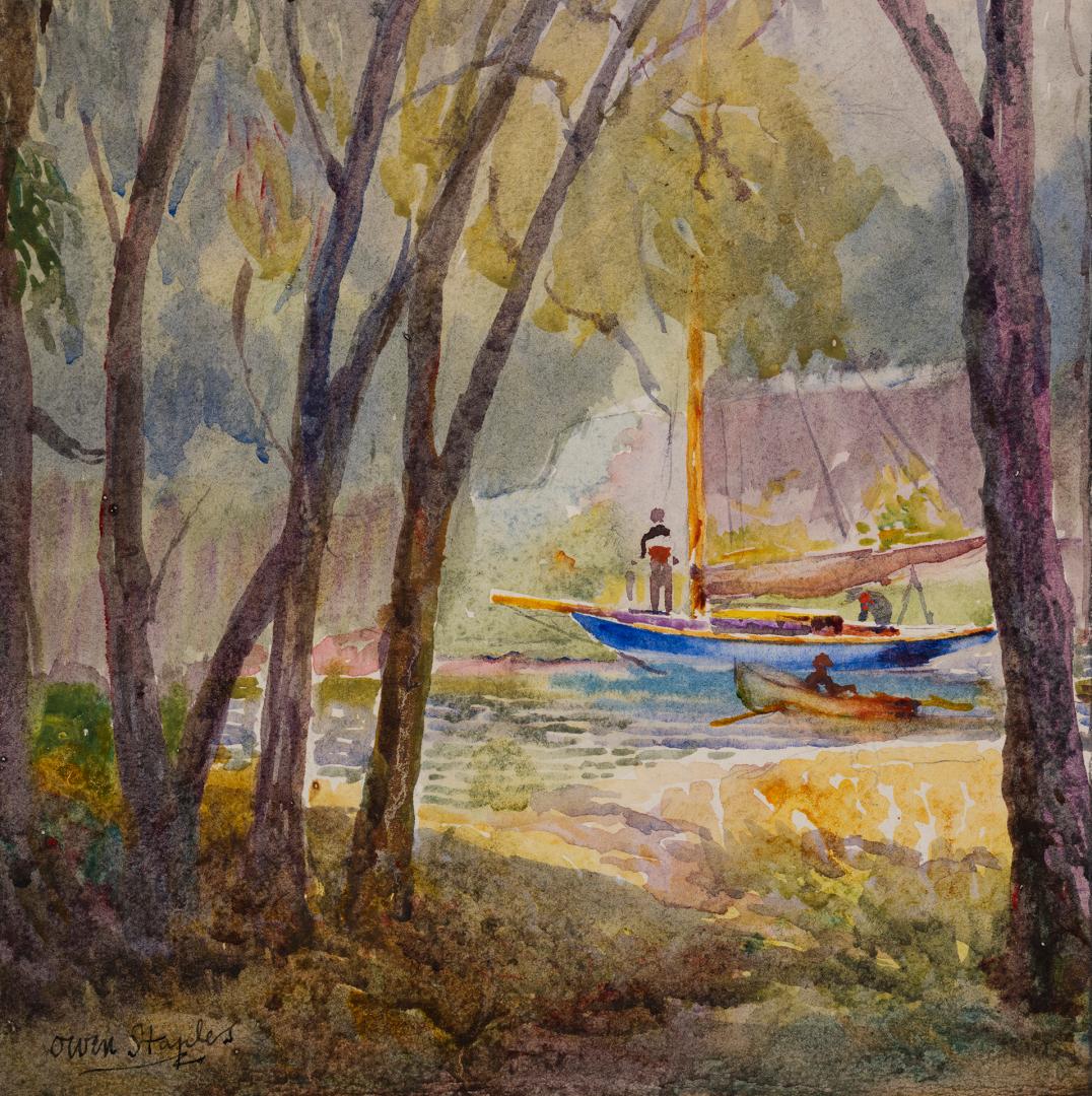 A painting of a sailboat and a smaller rowboat in a small pond surrounded by trees and other ve ...
