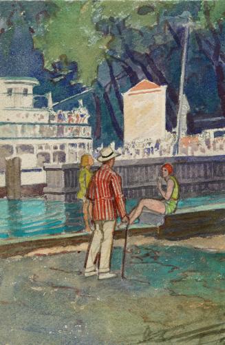 A painting of three people sitting and standing on a dock beside a body of water. The person st ...