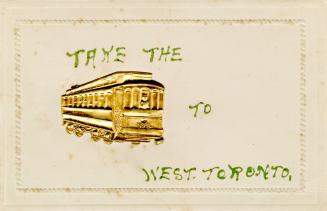 White card with streetcar made of tin. 