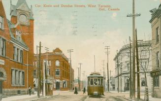 Colorized photograph of a busy intersection with buildings and streetcar.