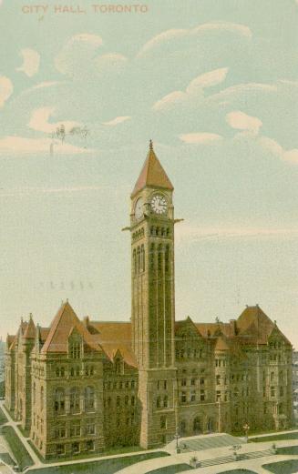 Colorized photograph of a large Richardsonian Romanesque building with a central clock tower.