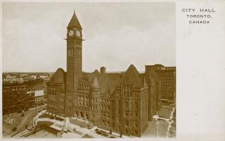 Black and white photograph of a large Richardsonian Romanesque building with a central clock to ...