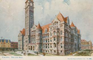 Color pictures of a large Richardsonian Romanesque building with a central clock tower.