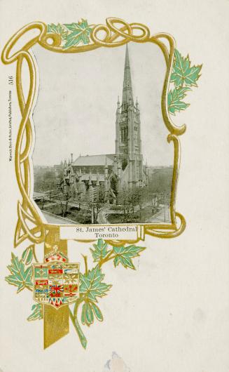 Picture of large cathedral church with border on left with measurements of building. 