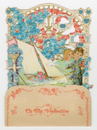 A pop-up card with four layers.Foreground: A sailboat full of flowers, as viewed from a garden. ...