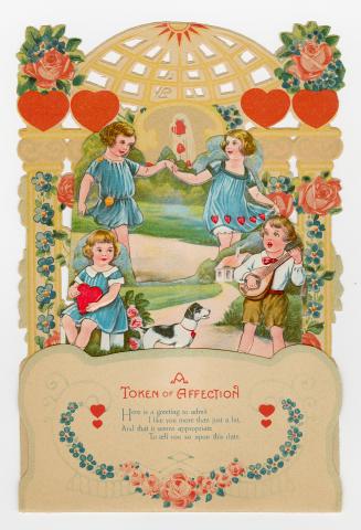 A pop-up card with three layers of pastoral scenes.Foreground: A girl sits by a rose bush holdi ...