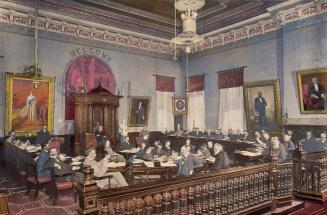 City Hall (1844-1899), Interior, council chamber, looking southwest, showing city council's last meeting in 1844-1899 city hall