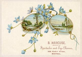 Colour trade card advertisement depicting an illustration of a pair of eye-glasses surrounded b…