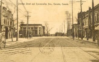 Sepia toned photograph of a street in a city neighborhood.