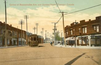 Colorized photograph of a streetcar rounding a corner on a city street.