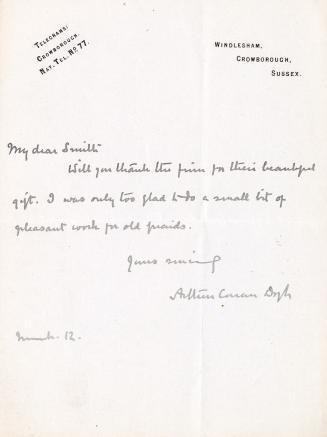 Manuscript letter in Arthur Conan Doyle's handwriting. 