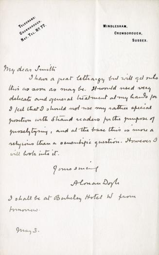 Manuscript letter in Arthur Conan Doyle's handwriting. 
