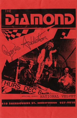 A poster promoting a concert by the rock groups Jane's Addiction and National Velvet at a venue ...