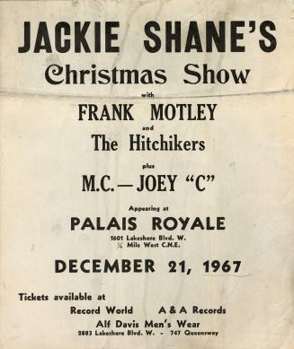 A textual poster promoting Jackie Shane's Christmas Show, with Frank Motley and the Hitchikers  ...