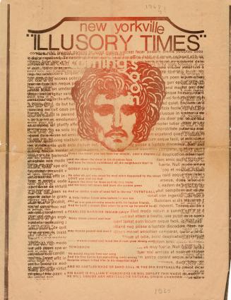 A poster titled "new yorkville ILLUSORY TIMES - coming soon" with an illustration of a man's he ...