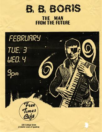 The poster includes a photograph of a man wearing wraparound sunglasses and holding a synthesiz ...