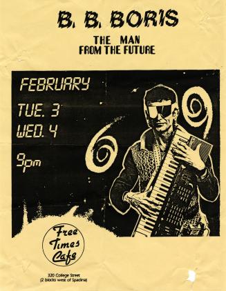 The poster includes a photograph of a man wearing wraparound sunglasses and holding a synthesiz…