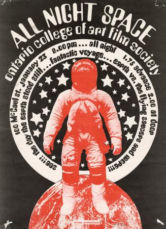 The poster includes a photo illustration of an astronaut in a full-body space suit standing on  ...