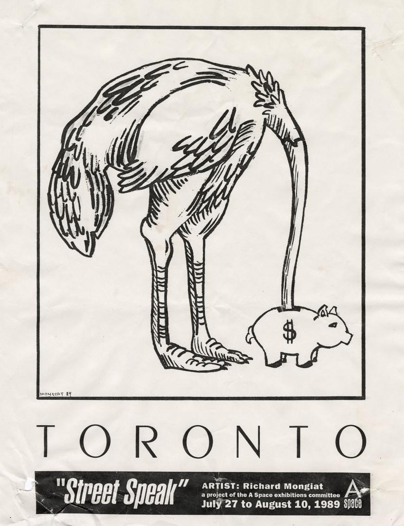 The poster includes an illustration of an ostrich with its head inside a piggy bank with a doll ...