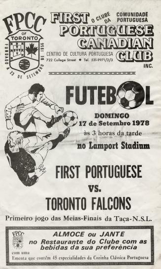 The poster includes an illustration of two men playing soccer.
