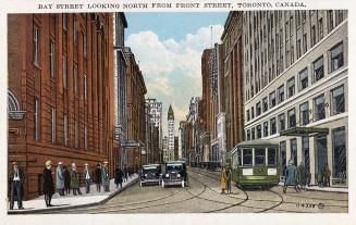 Colorized picture of a busy city street with multi-story building on either side of it; automob ...