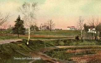 Colorized photograph of a manicured golf course with a sand trap. Buildings in the background.