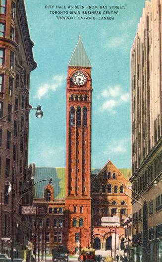 Colorized photograph of a large Ricardsonian Romanesque building with a central clock tower at  ...