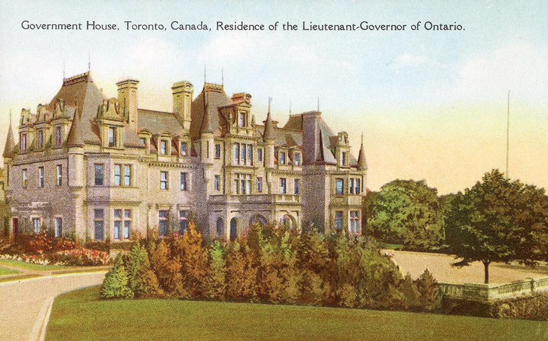 Colorized photograph of a huge, three story residential home in the Second Empire style.