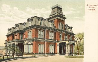 Colorized photograph of a huge, three story residential home in the Second Empire style.