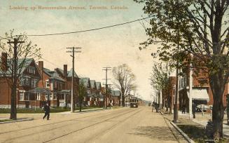 Colorized photograph of a city street in a residential area.
