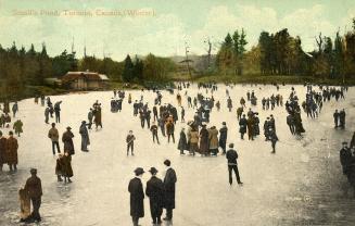 Colorized photograph of a people skating on a frozen pond.