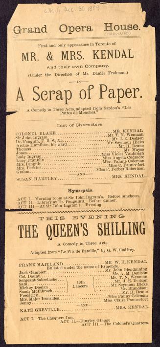 Grand Opera House playbill for "A scrap of paper", adapted from Sardou's "Les pattes de mouches ...