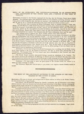 Reply of his excellency the Lieutenant-Governor to an address from the inhabitants of the North Part, and a portion of the Gore of Toronto