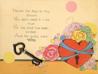 A flat card with a picture of a heart and flowers, and a arhyming verse. Sewn onto the front of ...