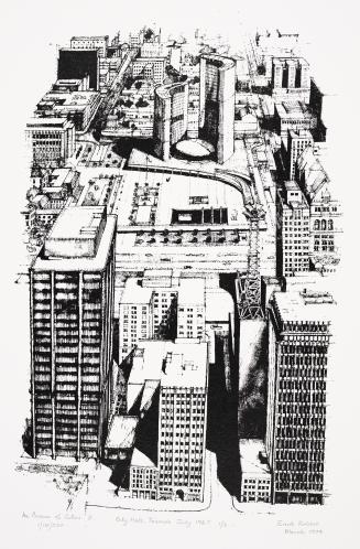 A silkscreen print of an aerial view of the city of Toronto. City Hall, Nathan Phillips Square  ...