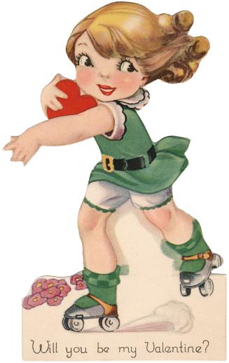A die-cut card. A girl in a green dress and roller skates smiles as she whizzes by. She is hold ...