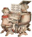 A girl in a red polka-dot dress sits at a piano. She plays from a book of sheet music titled "S ...