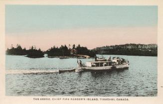 Colorized photograph of steamship on lake in the wilderness. 