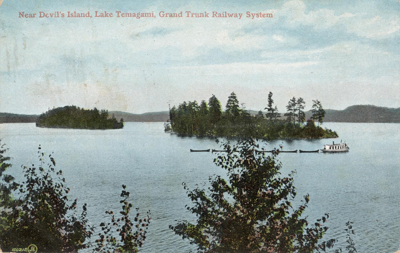 Colorized photograph of a lake in the wilderness with islands in it. Steamboat is pulling small ...