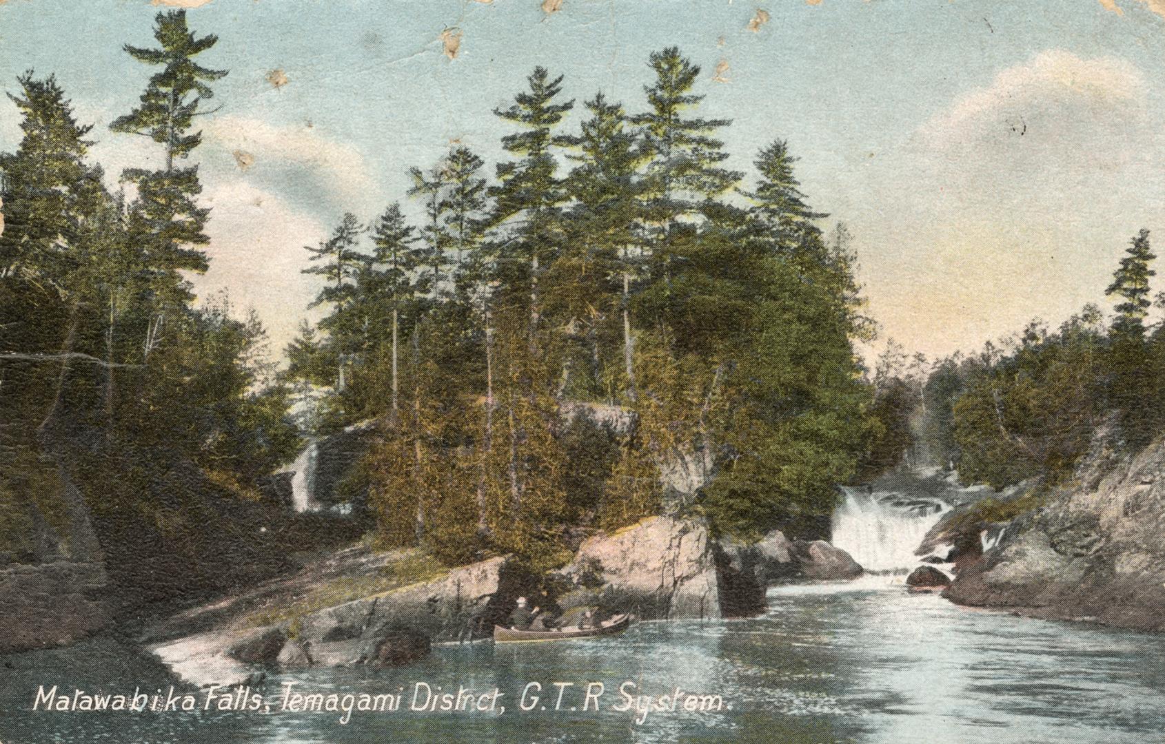 Colorized photograph of a river with a waterfall in the wilderness.