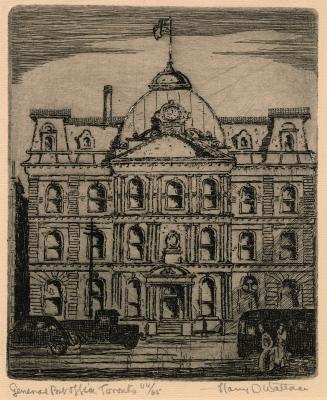 An etching of a four-story post office, with a road, vehicles and pedestrians in front of it. T ...