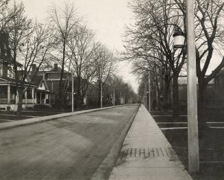 A photograph of a city street, showing houses with grassy front yards, trees, utility poles, a  ...