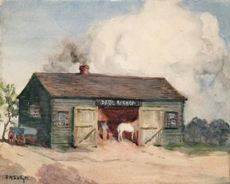 A watercolour painting of a small wooden cabin, with a sign above a door in the middle of the b…