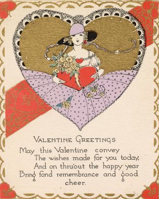 An image of a woman in a fancy dress holding a large heart and flowers. She is framed by a hear ...