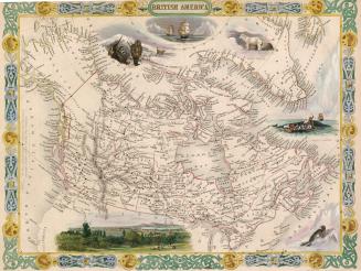 Vignettes showing whale fishing, Montreal, Fury and Hecla ships sailing, Inuit and dogs, and a …