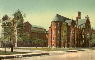 Colorized photograph of two large collegiate buildings.